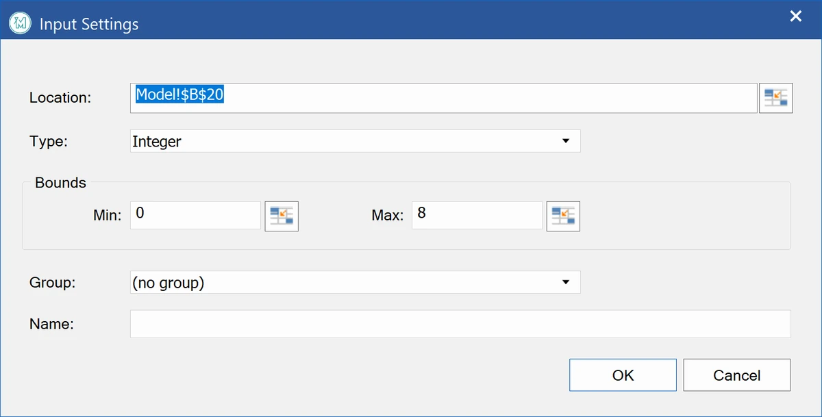 ModelRisk Optimizer. Input Settings: cell B20 is an integer from 0 to 8.