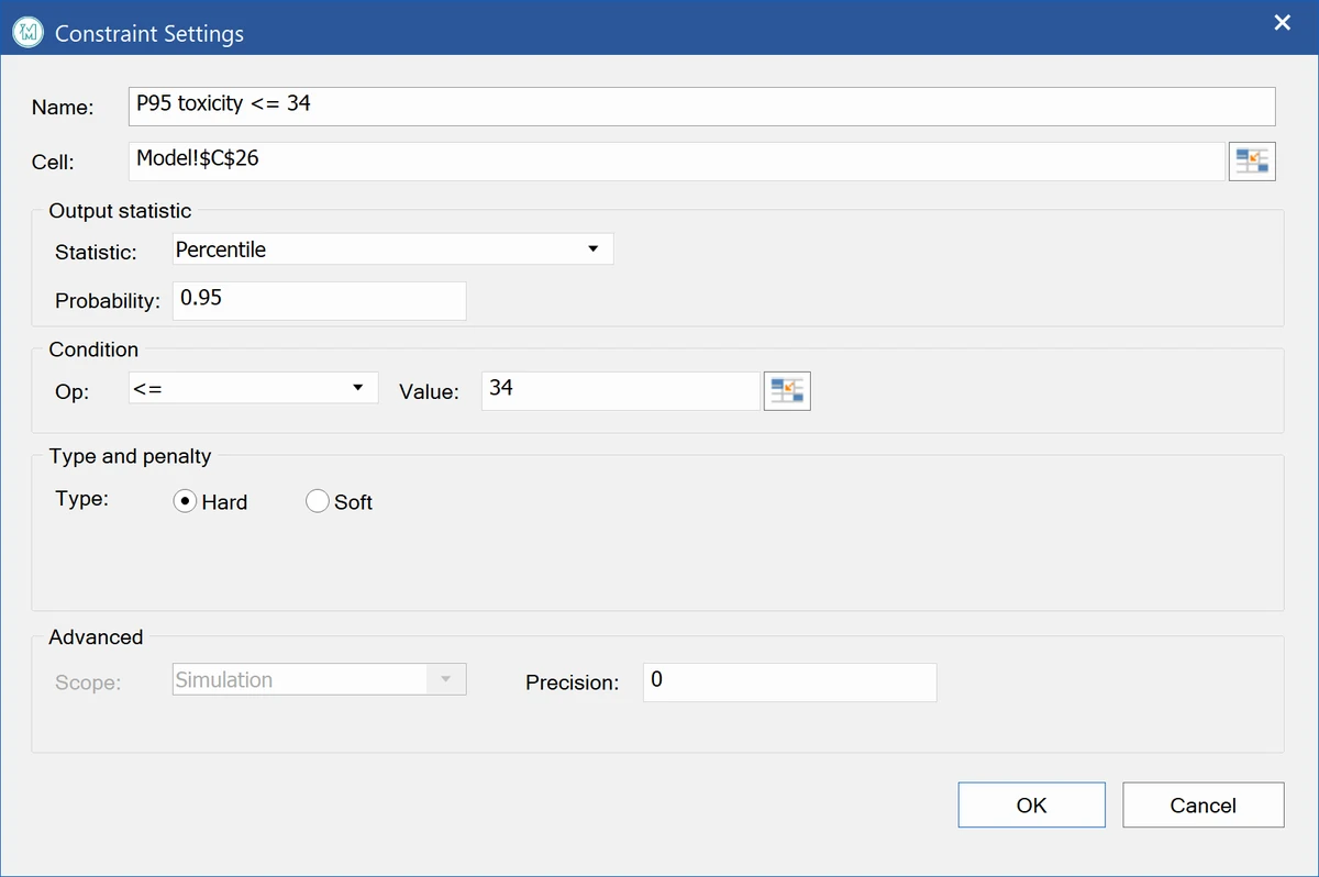ModelRisk Optimizer. Constraint Settings: a hard limit on the 95th percentile of cell C26.