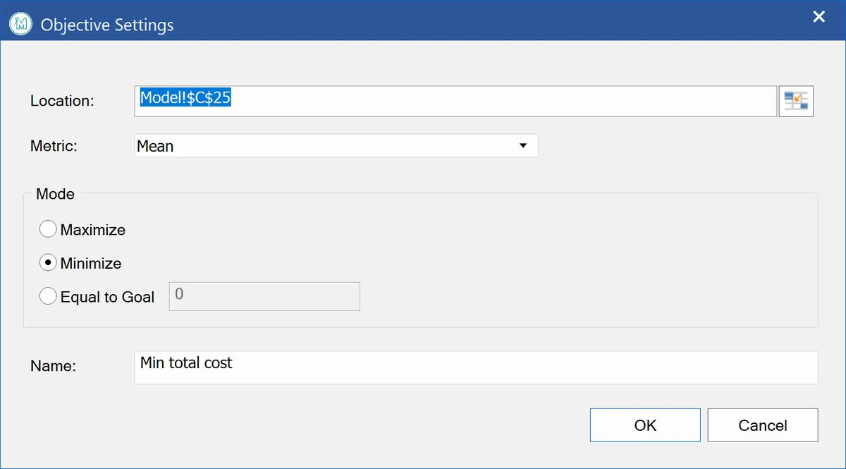 ModelRisk Optimizer. Objective Settings: minimise the mean of cell C25, the total daily cost.