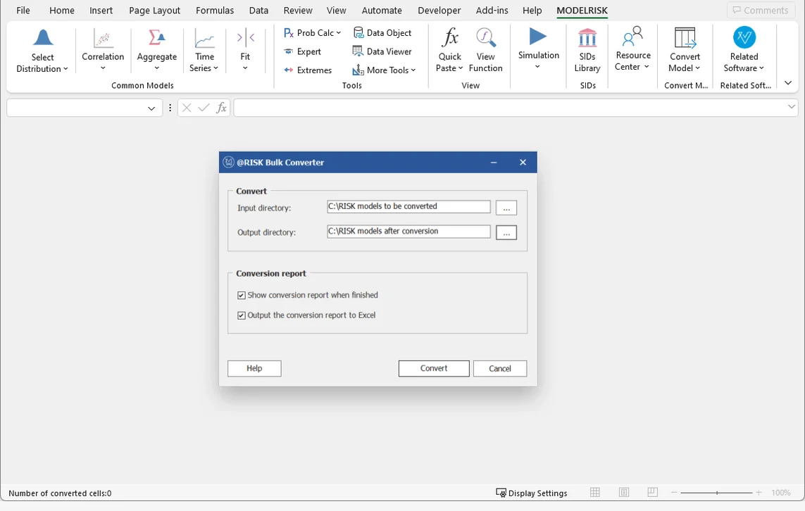 ModelRisk's @RISK Bulk Converter dialog with an input folder and an output folder