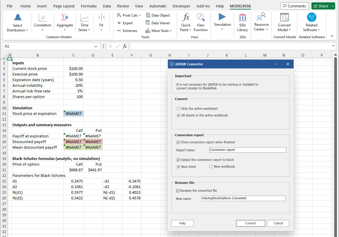 Excel with the ModelRisk ribbon: the @RISK model shows #NAME? in its simulated cells, and ModelRisk's @RISK Converter dialog is open