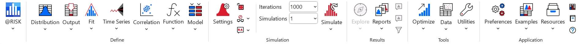 @RISK's ribbon: Distribution, Output, Fit, Time Series, Correlation, Function, Model, Settings, Iterations, Simulate, Explore, Reports, Optimize, Data, Utilities