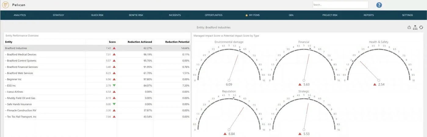 Pelican&rsquo;s entity performance overview: each entity with its score, reduction achieved and reduction potential, beside gauges for environmental damage, financial, health and safety, reputation and strategic impact