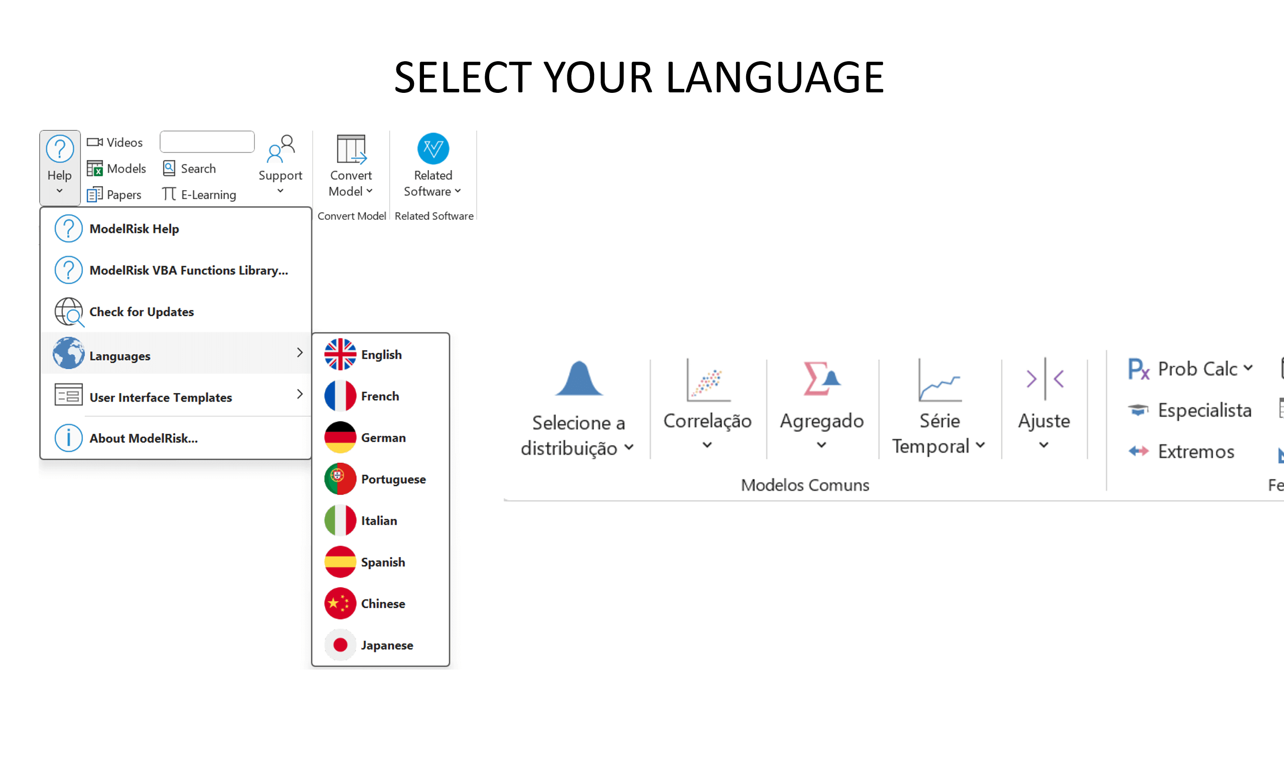 Interface to switch language - ModelRisk supports eight languages