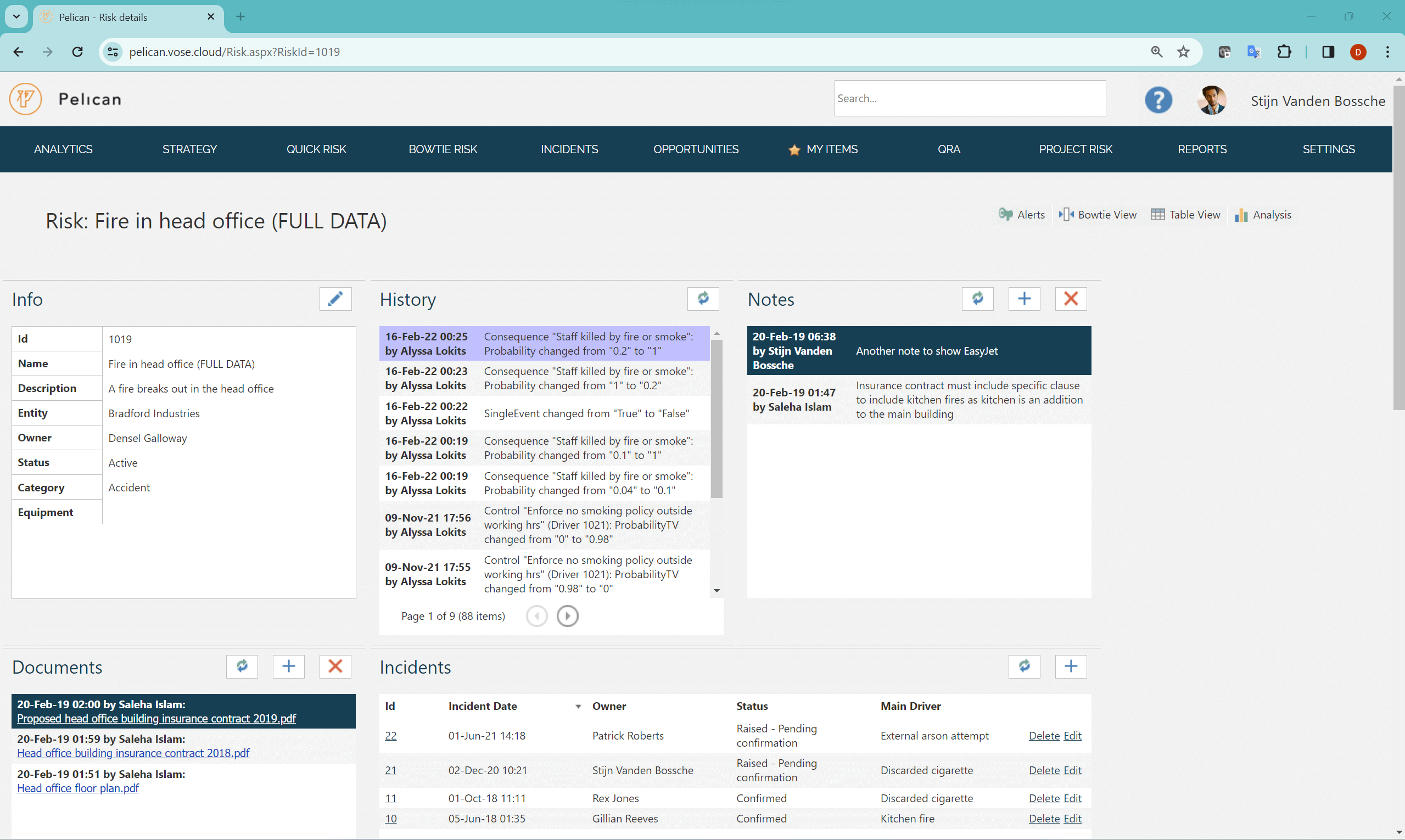 Interface showing history of changes and incidents for the specific risk