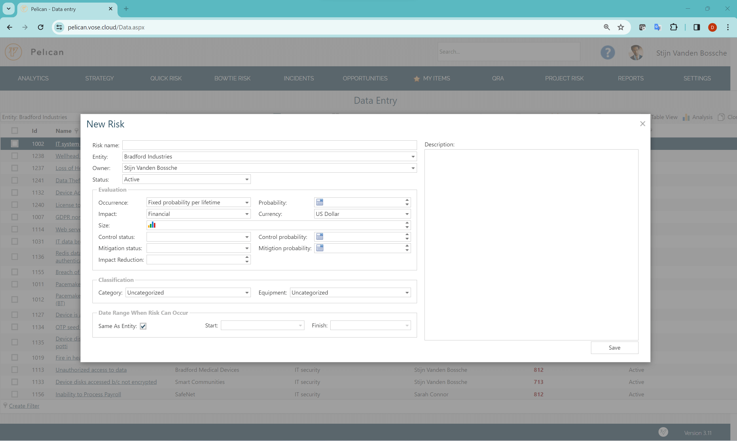 Data entry interface for the new risk